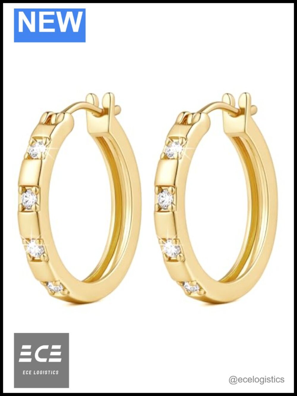 14K Gold Plated Hoop Earrings CZ Latch Back 20mm